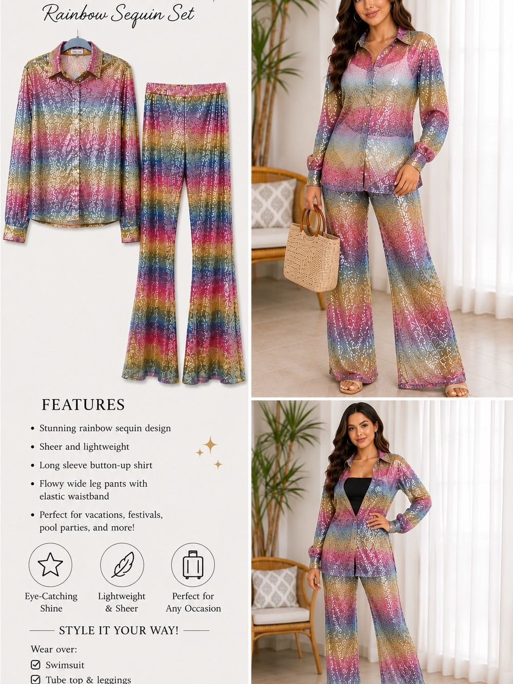 Main Strip Rainbow Sequin Two-Piece Pajama Set - Multicolor